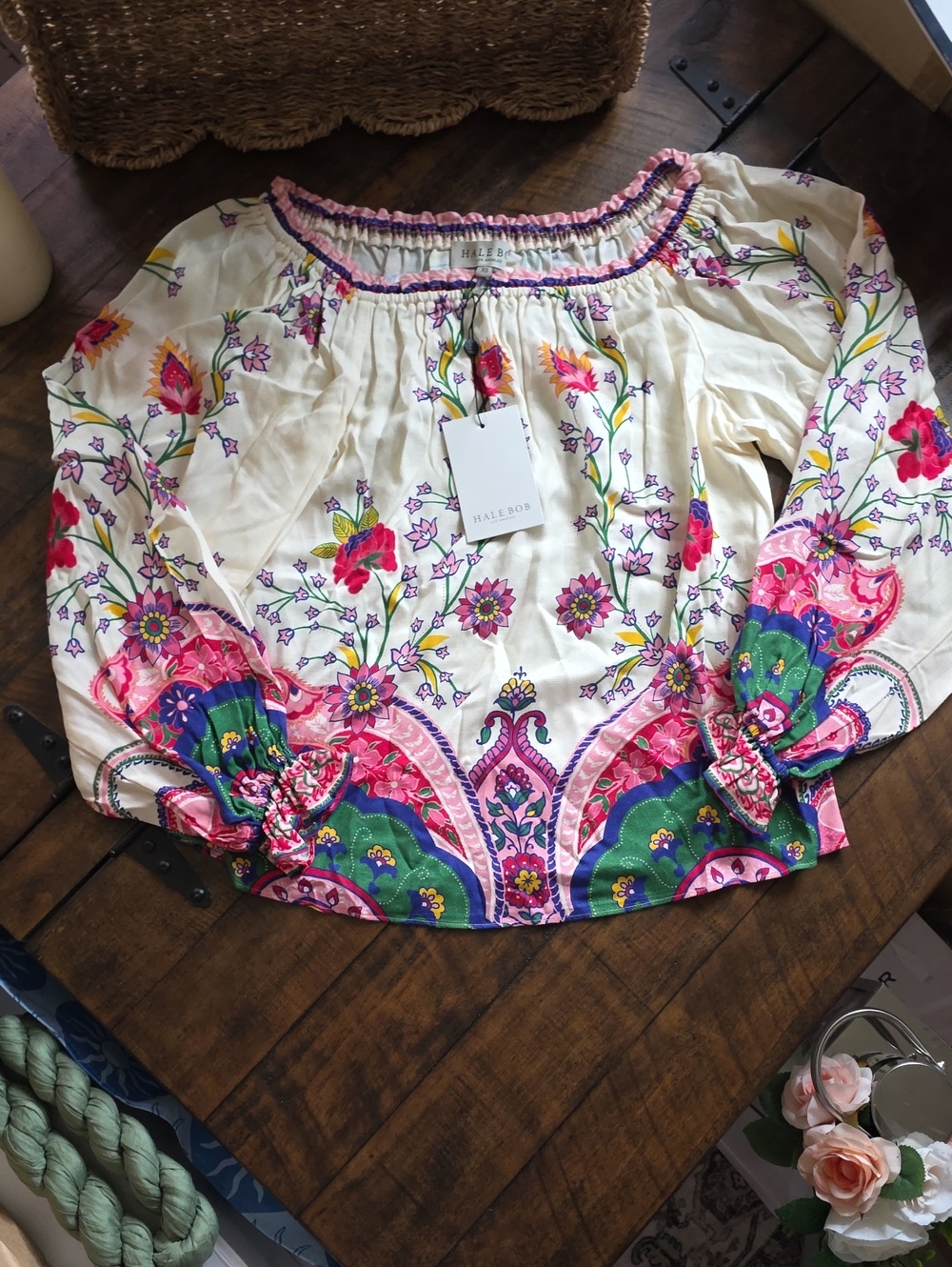 Hale Bob Cream Floral Boho Peasant Blouse with Pink, Green & Purple Accents